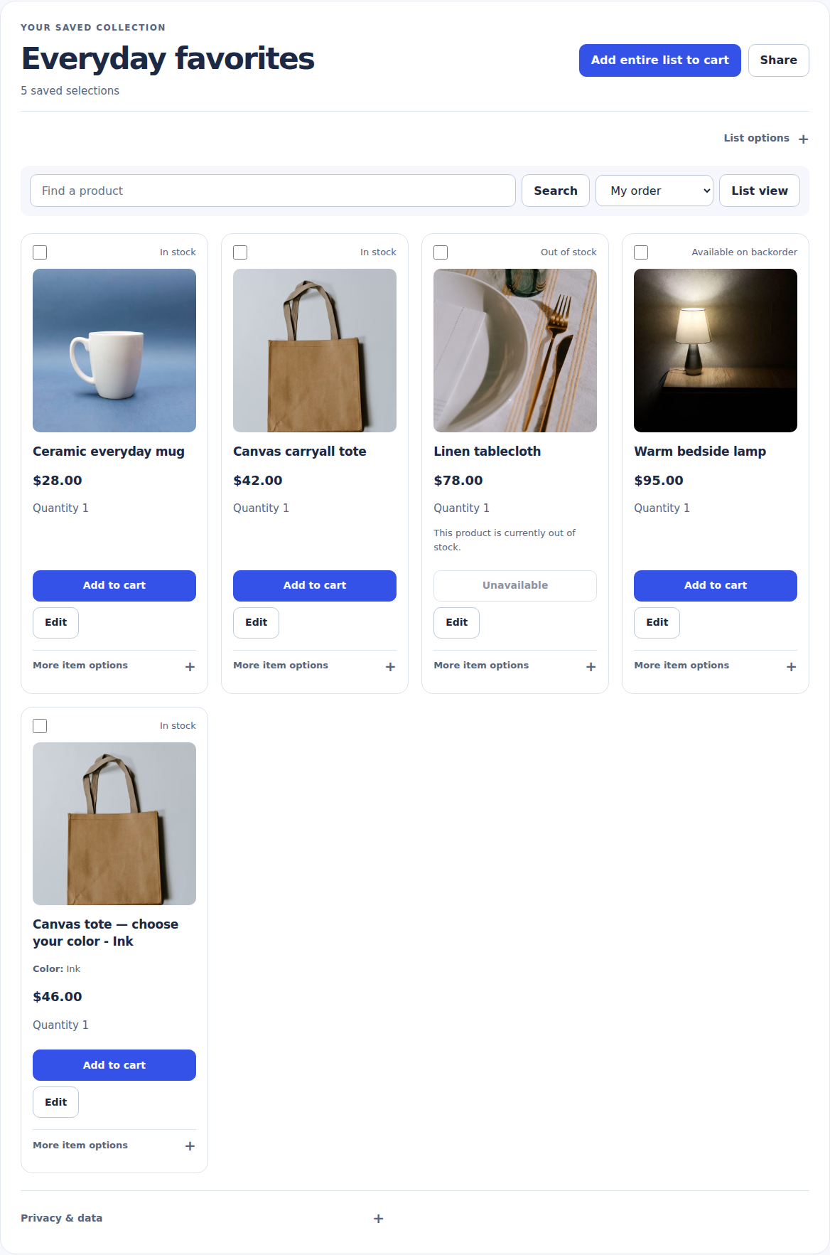 Wishlist Genius Free with saved products, stock status, search, sharing and cart controls