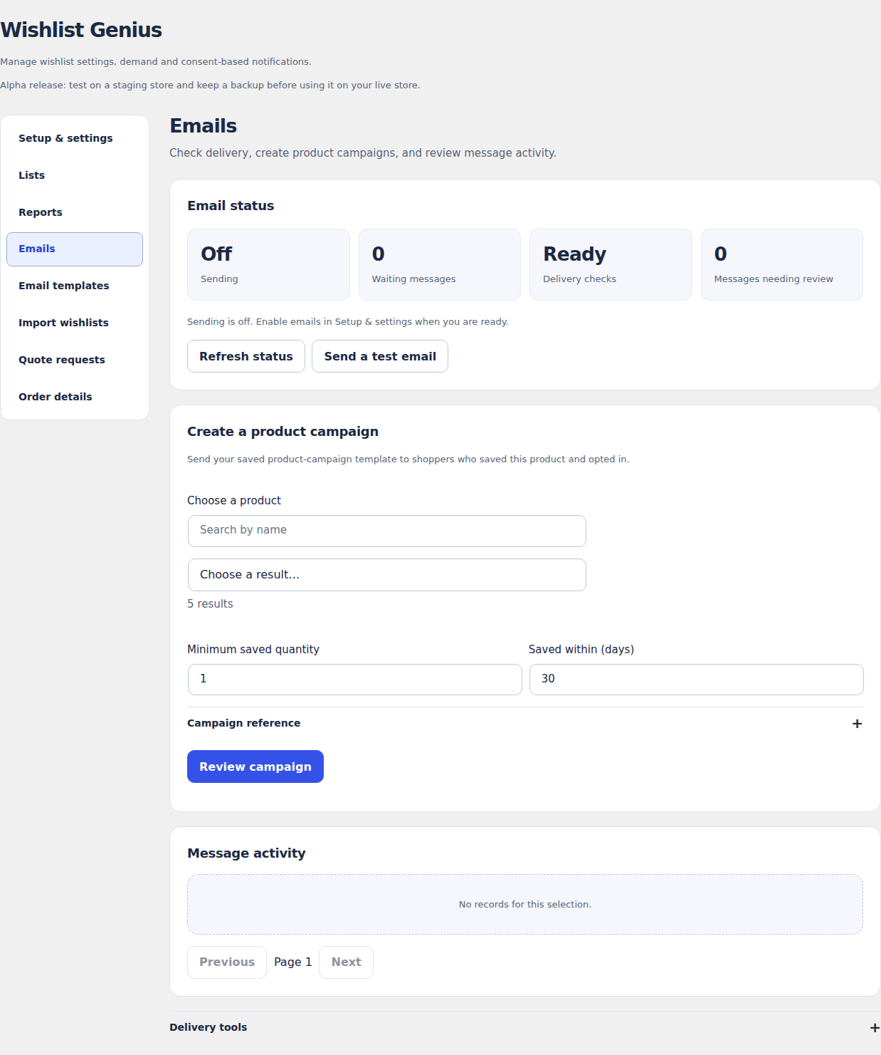 Wishlist Genius Pro in WordPress showing delivery status, campaign controls and message activity